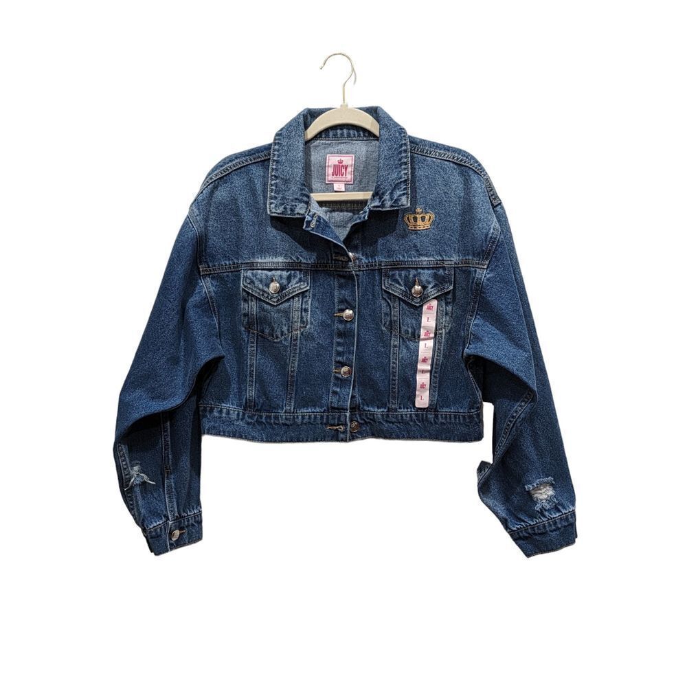 New! Juicy Couture Cropped Distressed Embroidered Crown Denim Jacket, L